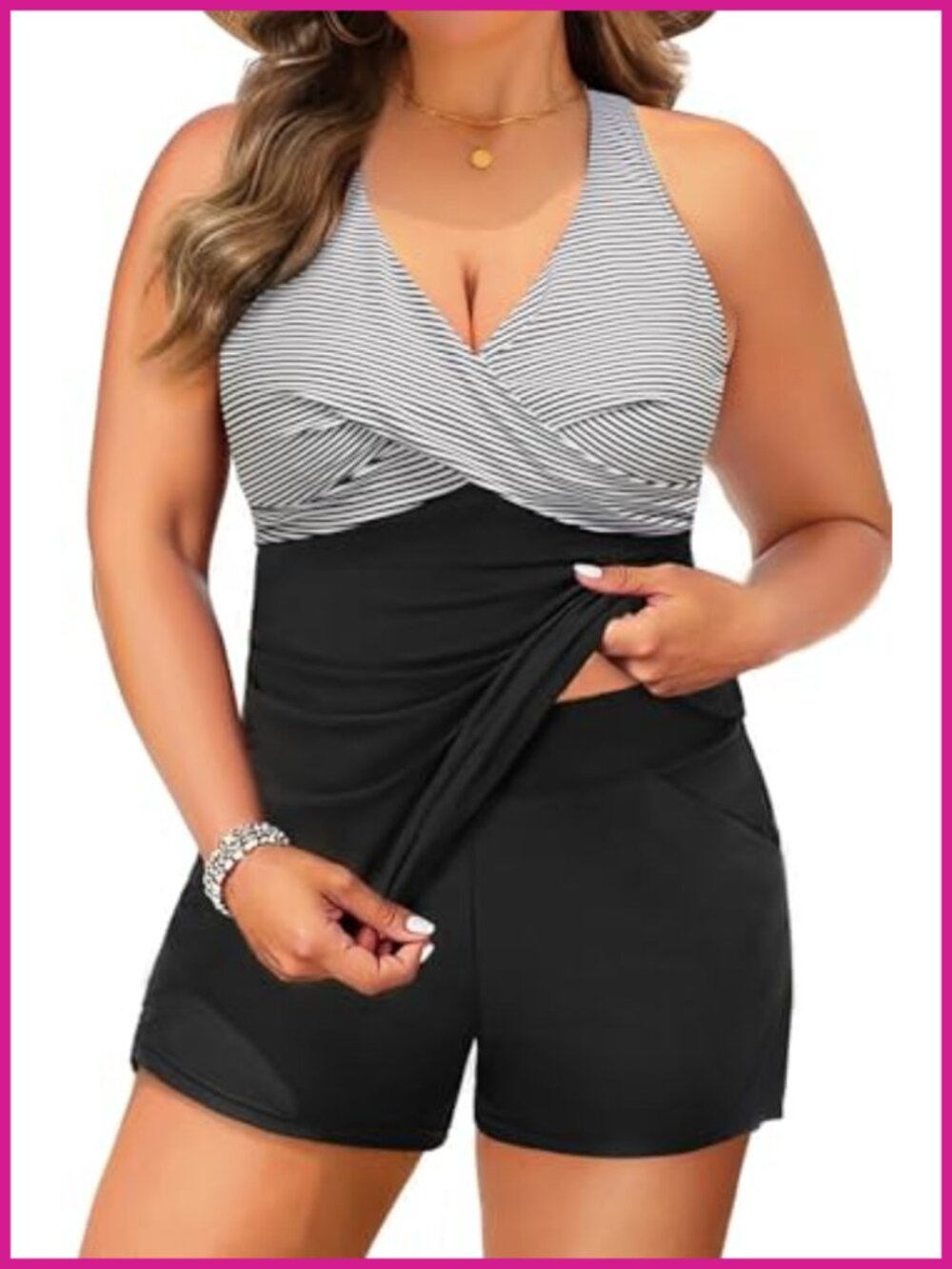 Plus Size Tankini Set Tummy Control Swim Top High-Waist Pocket Shorts